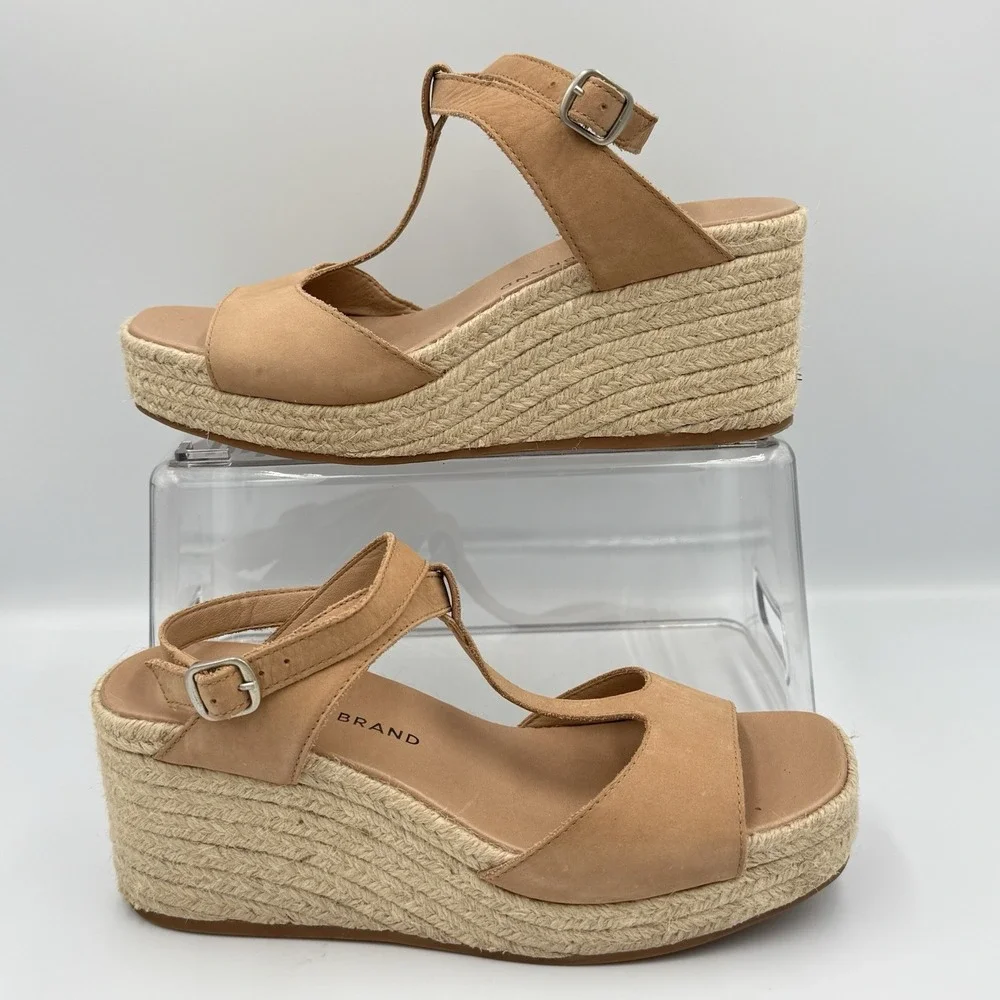 Lucky Brand Valki Sandals Womens Sz 7M Beige Leather‎ T-Strap Espadrille Wedge